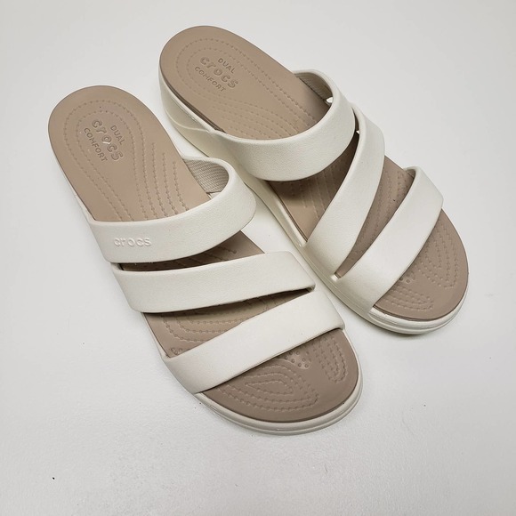 CROCS Shoes - Crocs Women's Oyster Monterey Strappy Wedge Sandals Slip-On Comfort Sz 11 206304